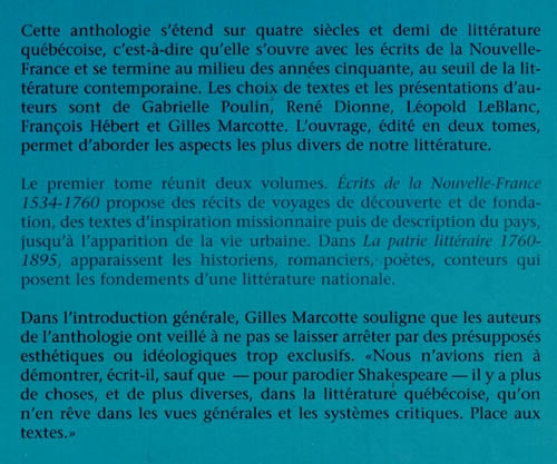 Couverture du livre de Anthologie de la littérature québécoise, t. 01, v. 01-02 - papier format