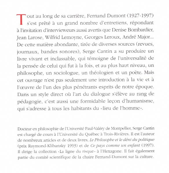 Couverture du livre de Fernand Dumont, un témoin de l'homme - papier format